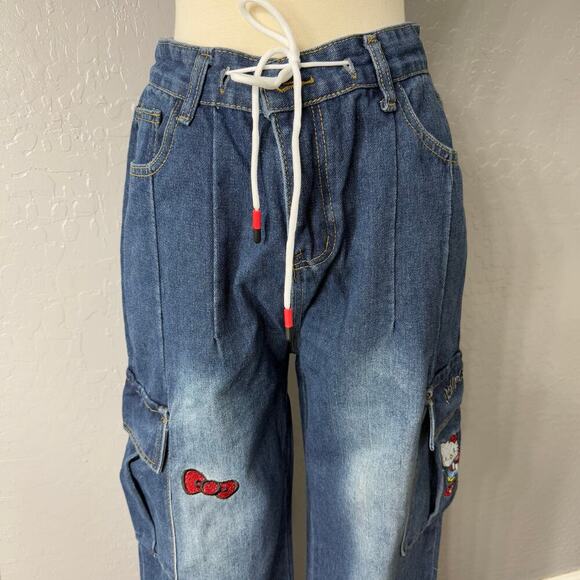 High Street Hello Kitty Bow Cargo Fashion High Waist Jeans Pleated Pants, XL - Picture 2 of 8